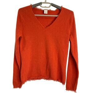 Peck & Peck Womens 100% Cashmere V Neck Sweater Burnt Orange Fringe M/S